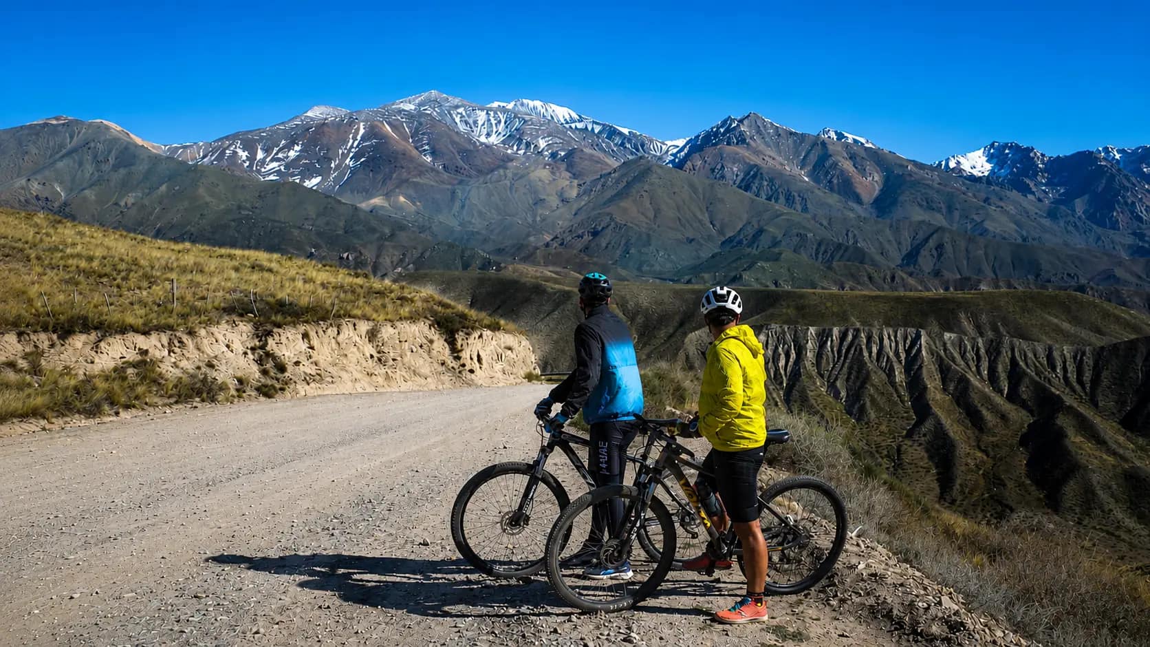 Ciclistas recorriendo los viñedos de Mendoza con la Cordillera de los Andes de fondo